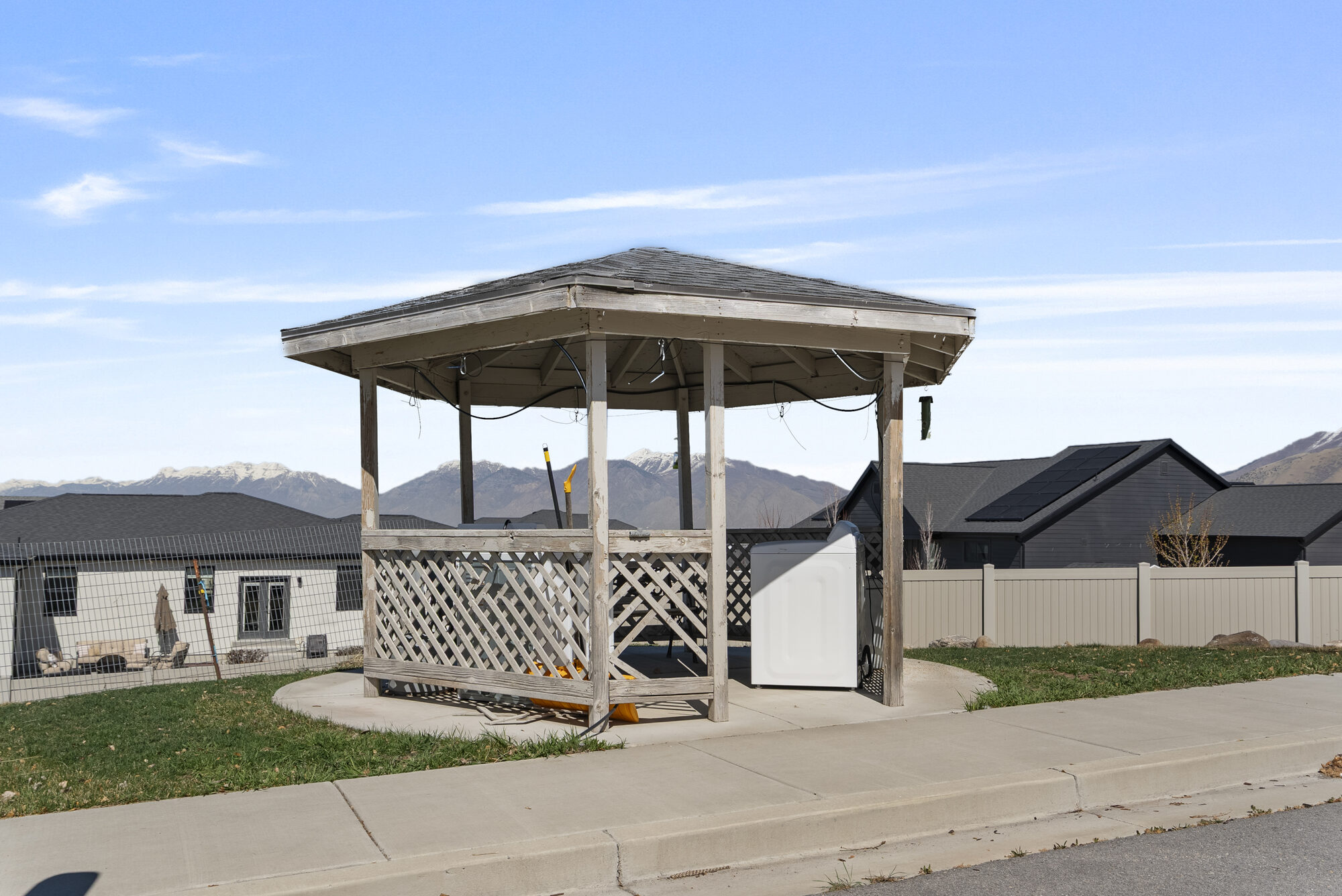 Outdoor gazebo with the Wasatch mountains in the distance